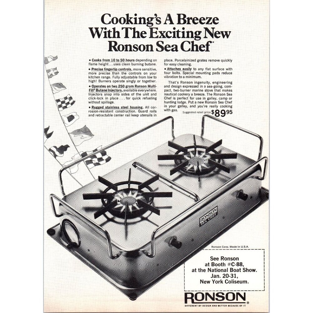 1971 Ronson Sea Chef Boat Yacht Galley Stove Cooktop Vintage Print Ad Wall Art